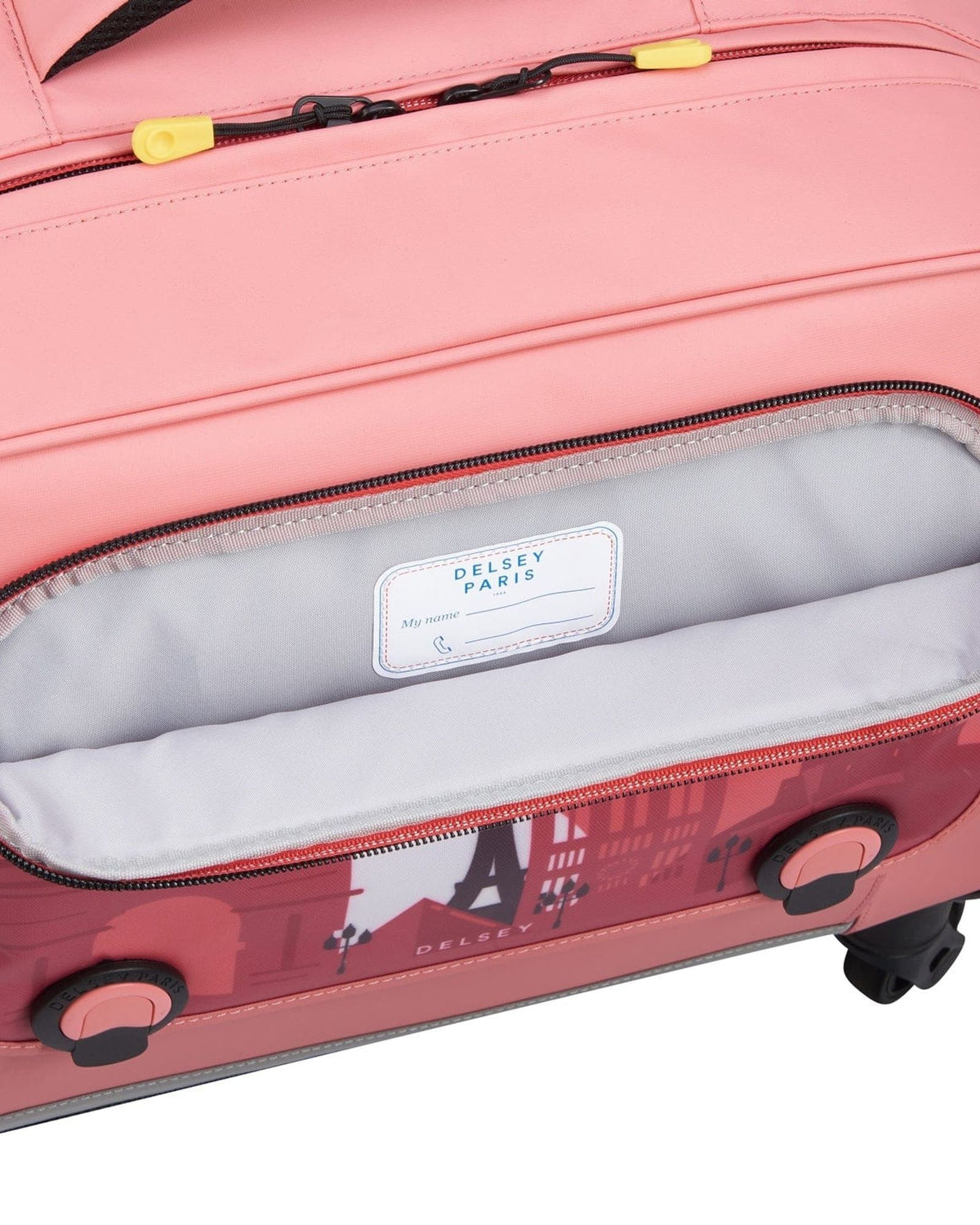 حقيبة مدرسية بعجلات Delsey Paris BTS 2023 بأربع عجلات وطبعة وردية مقاس 15.6 بوصة