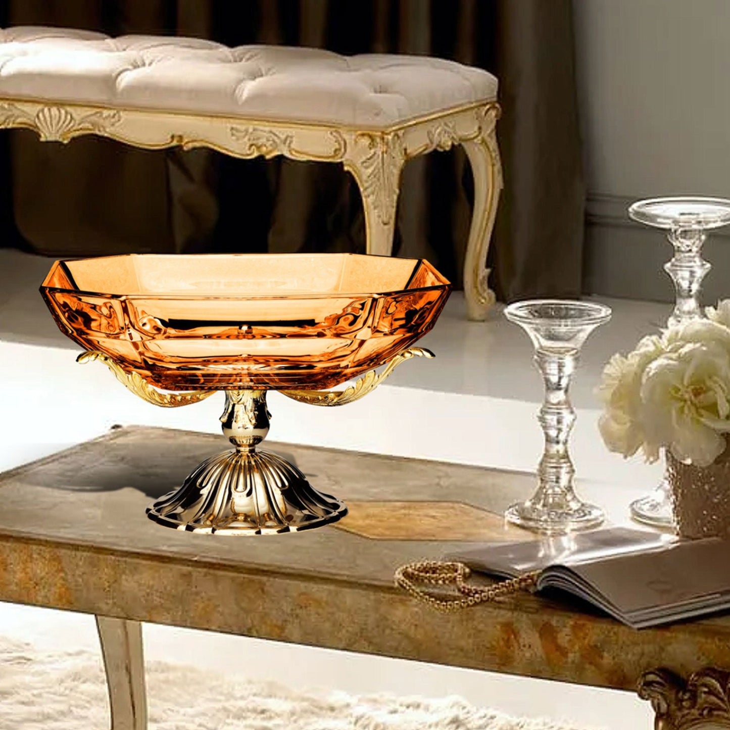 قطعة مركزية من زجاج الكهرمان من روما، 35 × 35 × ارتفاع 20 سم - DC6153/OR-AM