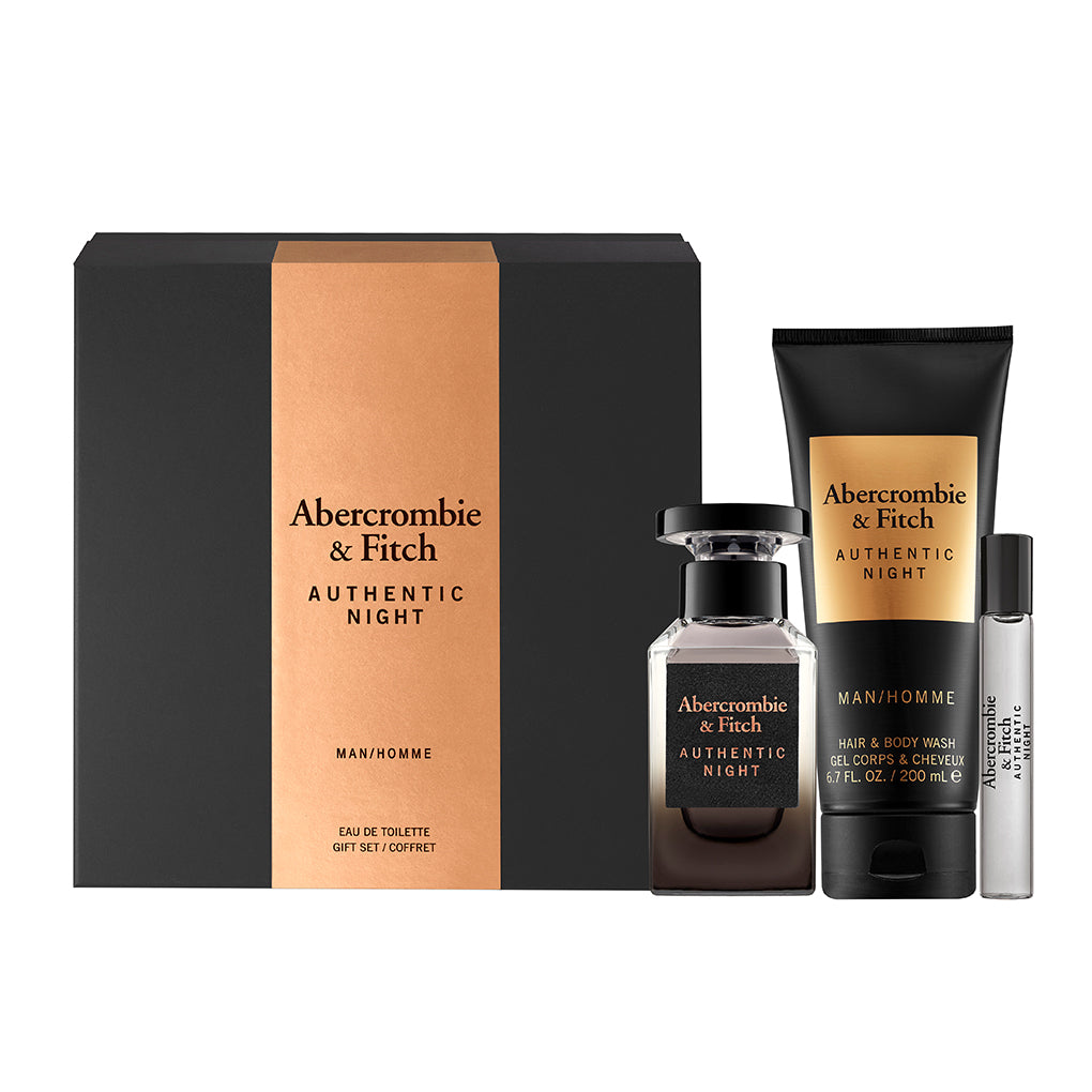 مجموعة هدايا ABERCROMBIE & FITCH-AUTHENTIC NIGHT للرجال، أو دو تواليت 100 مل + 15 مل بخاخ سفر + 200 مل غسول لليدين والجسم