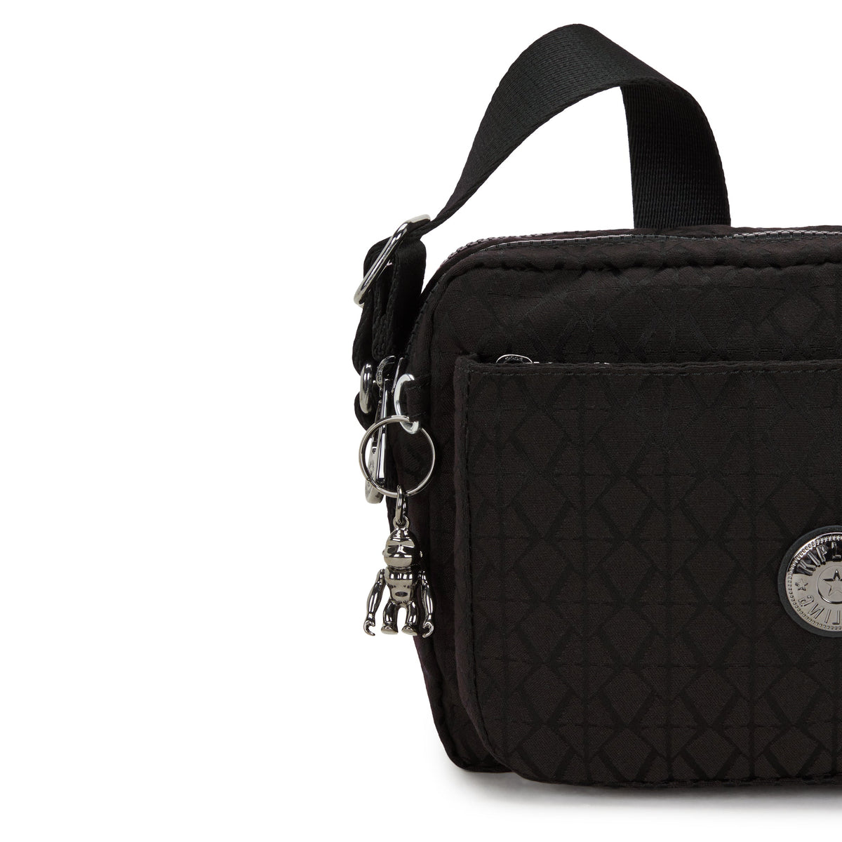 Kipling Abanu M حقيبة كروسبودي متوسطة لون أسود بنقشة Sign Jq موديل I6575-Y12