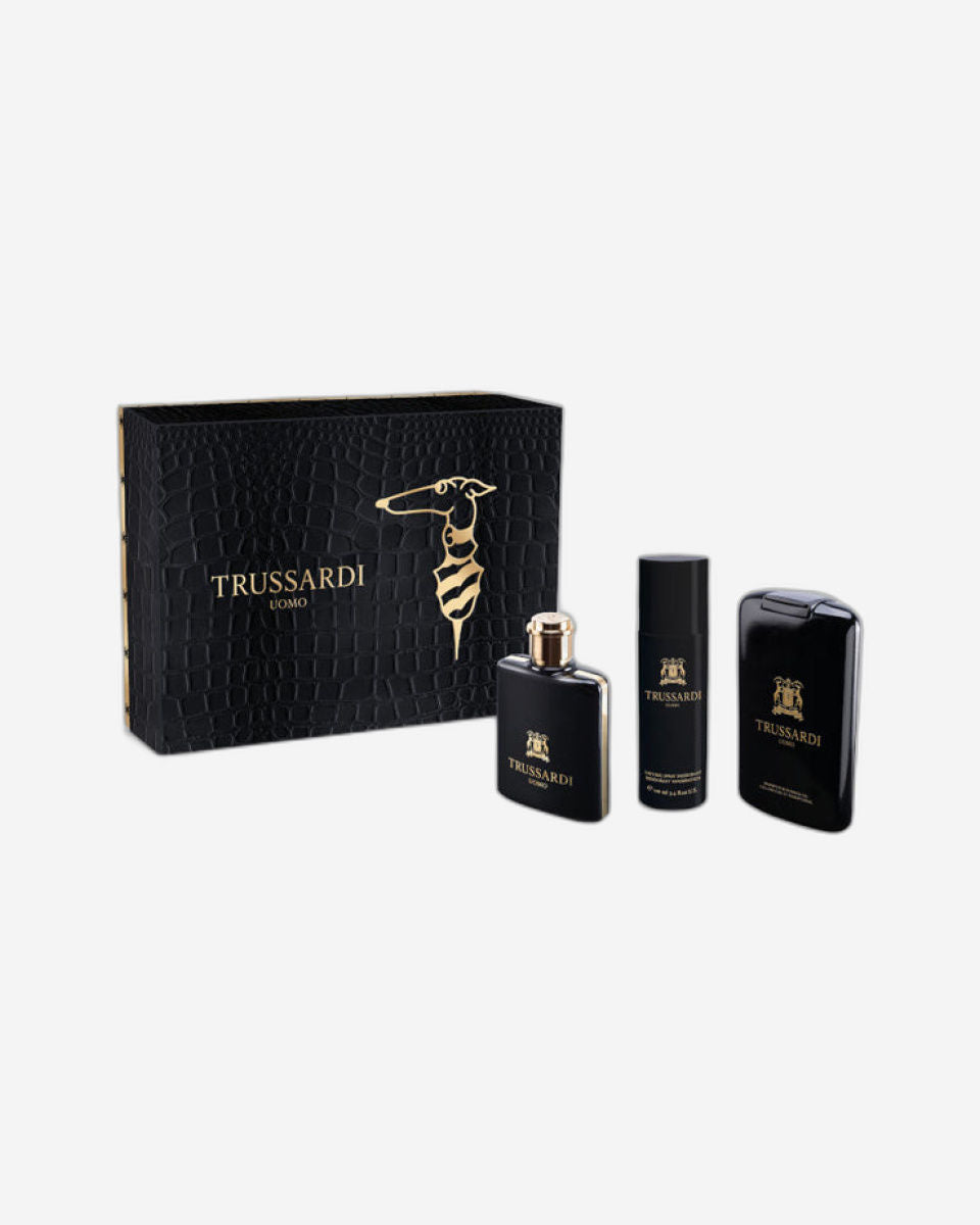 مجموعة هدايا تروساردي أومو - 100 مل أو دو تواليت + 100 مل جل استحمام + 100 مل مزيل عرق