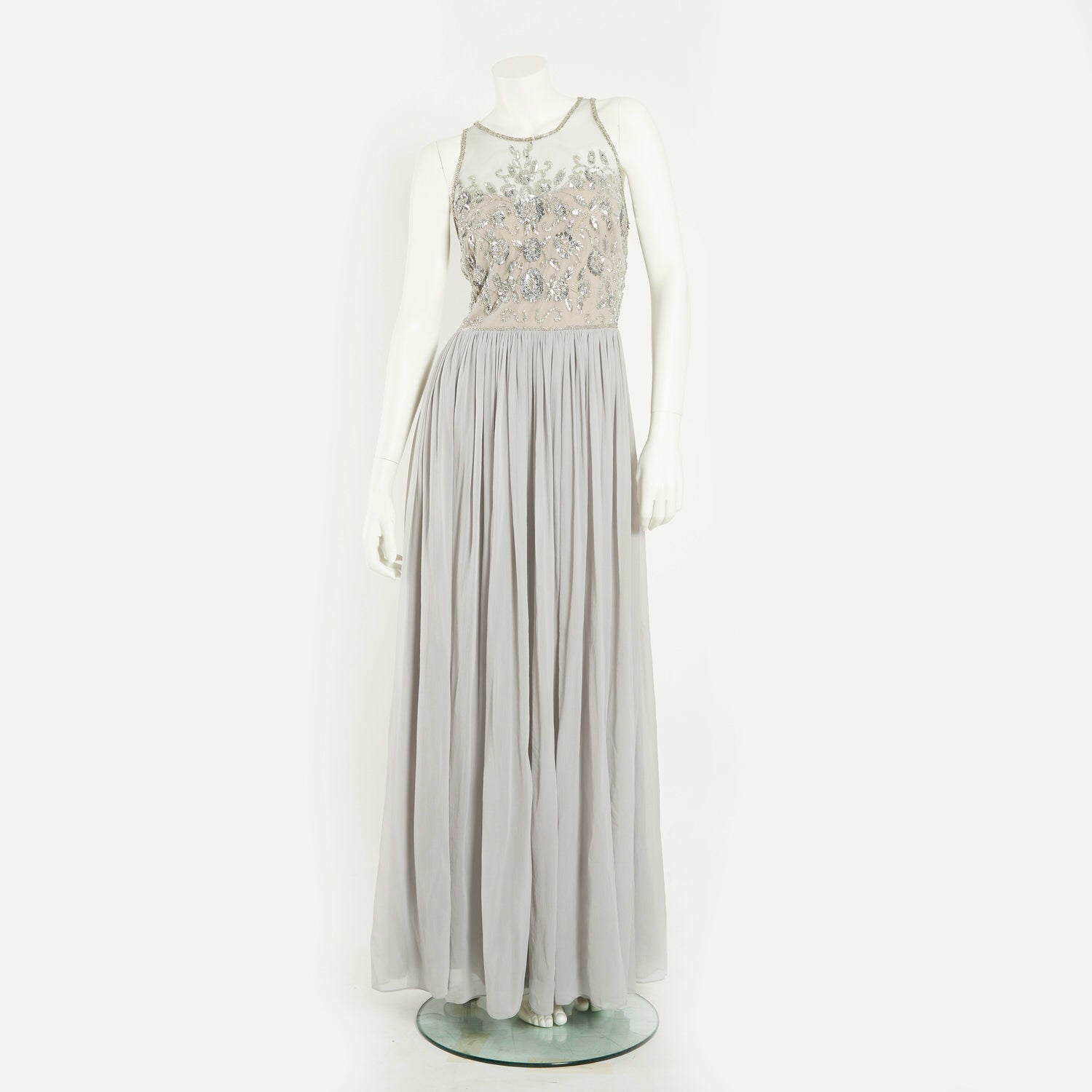 BEAD BODICE LONG CHIFFON DRESS