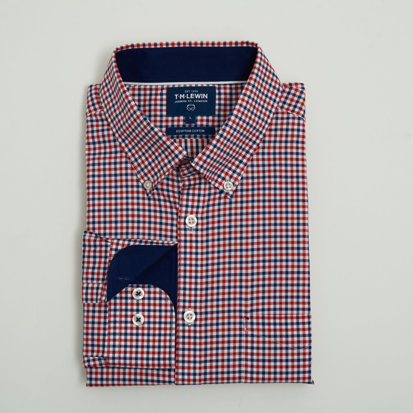 CASUAL FITTED NAVY AND RED CHECK BUTTON CUFF SHIRT