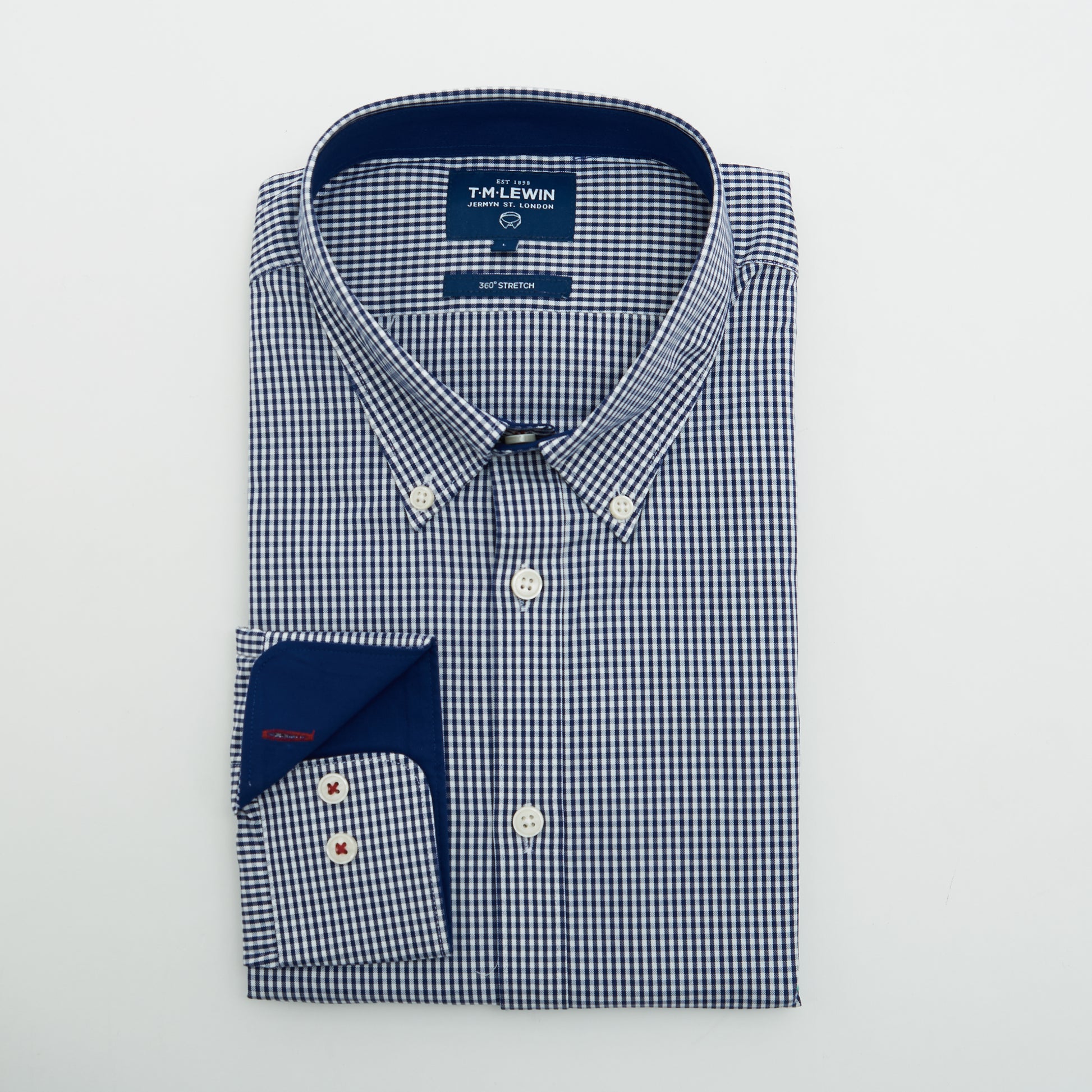 CASUAL FITTED NAVY GINGHAM BUTTON CUFF SHIRT