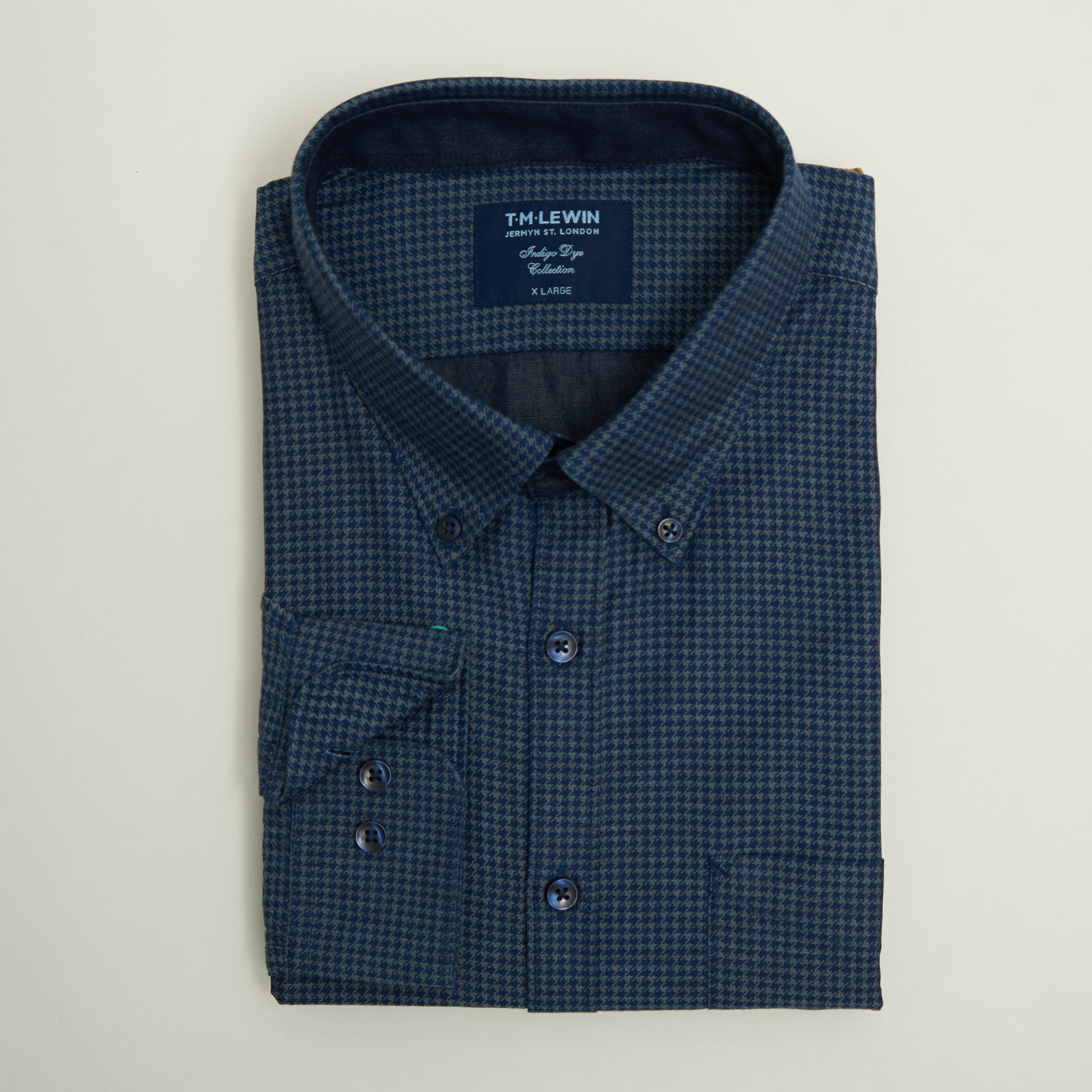 INDIGO DOGTOOTH SLIM FIT NAVY SINGLE CUFF SHIRT
