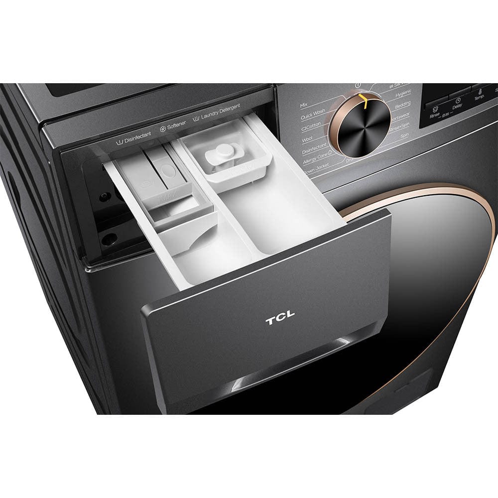 غسالة ملابس Tcl 10 كجم بمحرك عاكس مباشر 1200 دورة في الدقيقة، لون رمادي P210Flg