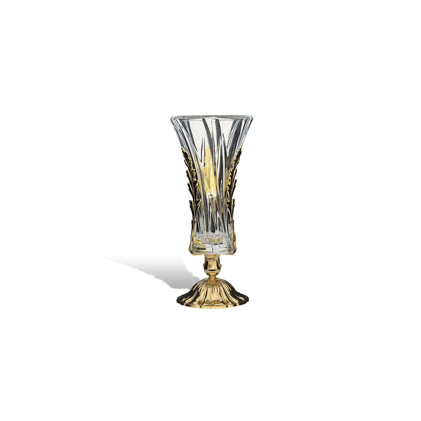 DUBAI VASE CLEAR GLASS GOLD METAL BASE WITH LEAVES - DC3203
