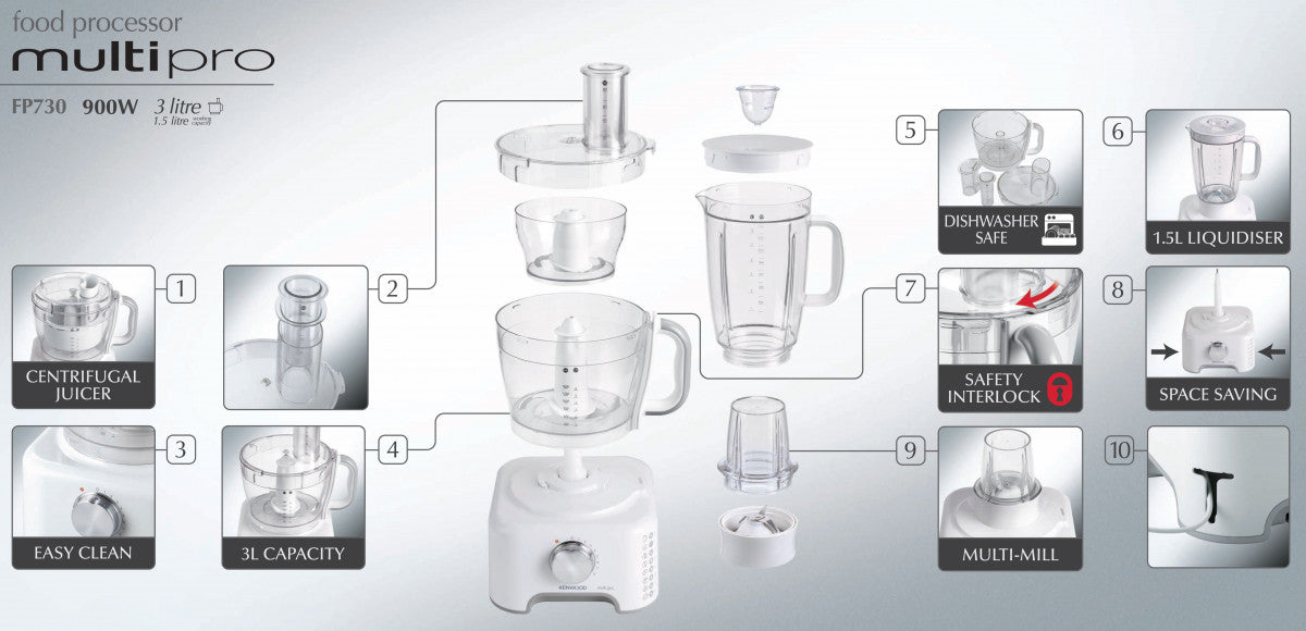 محضر طعام كينوود متعدد الوظائف بقوة 900 واط، أبيض FP730
