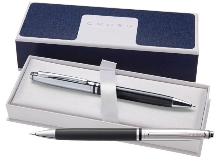 CROSS AVITAR BLACK LACQUER BALLPOINT PEN/PENCIL SET WITH CHROME PLATED APPOINTMENTS AT0101G-10