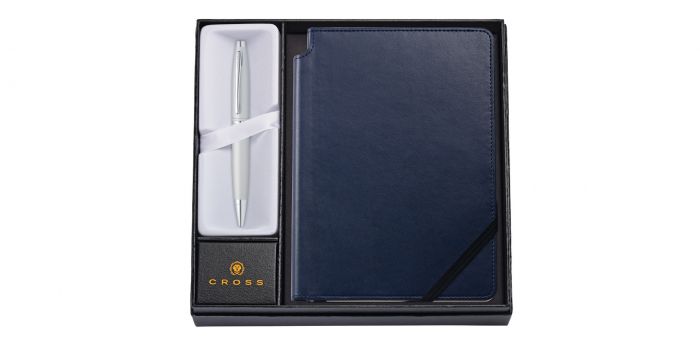 CROSS CALAIS SATIN CHROME BALLPOINT PEN WITH MEDIUM MIDNIGHT BLUE JOURNAL AT0112-16/2M