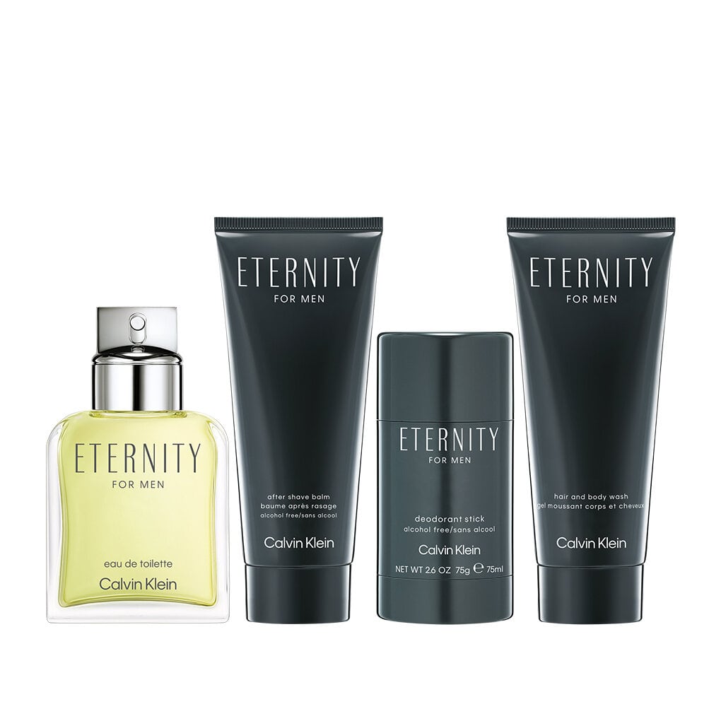 Calvin Klein Eternity For Men-Giftset
(100 Eau De Toilette, 75ml Aftershave Balm,
100ml Head & Body Wash, 75g Deo Stick)
