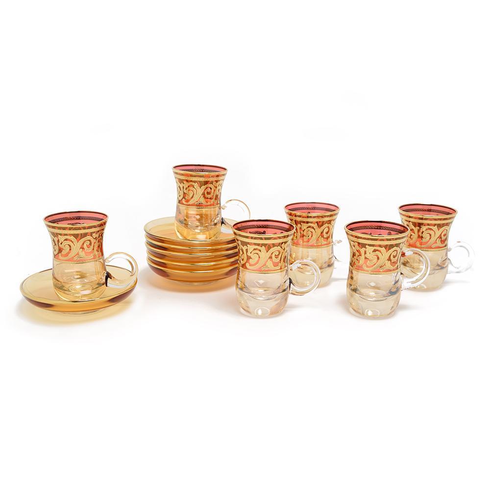 Combi Clarice Tea Cup and Saucer Set - Red and Amber, 12 Piece - G597Z-RED&AM/35 - Jashanmal Home