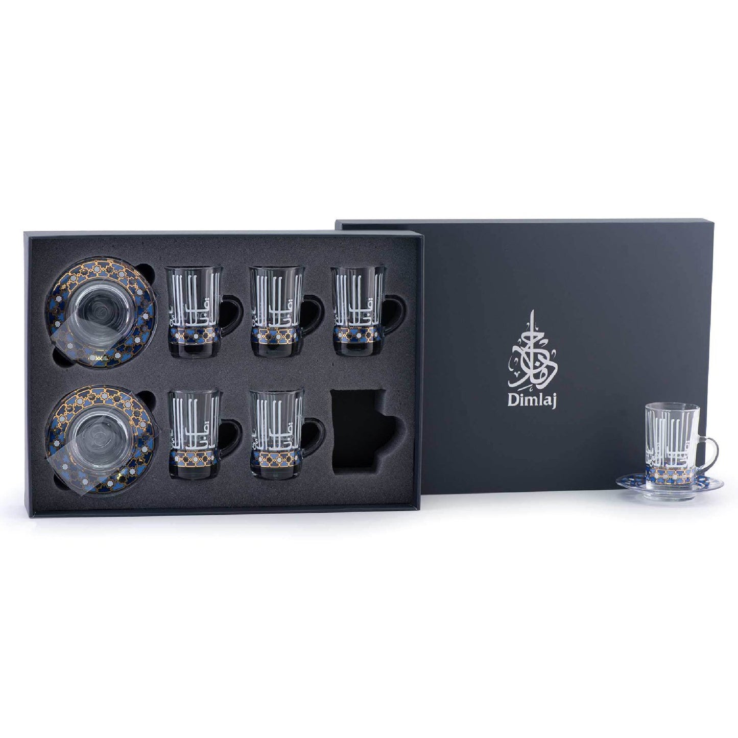 Dimlaj Asala Tea Cup and Saucer Set - Clear, Gold and Blue, 12 Pieces - 46676 - Jashanmal Home