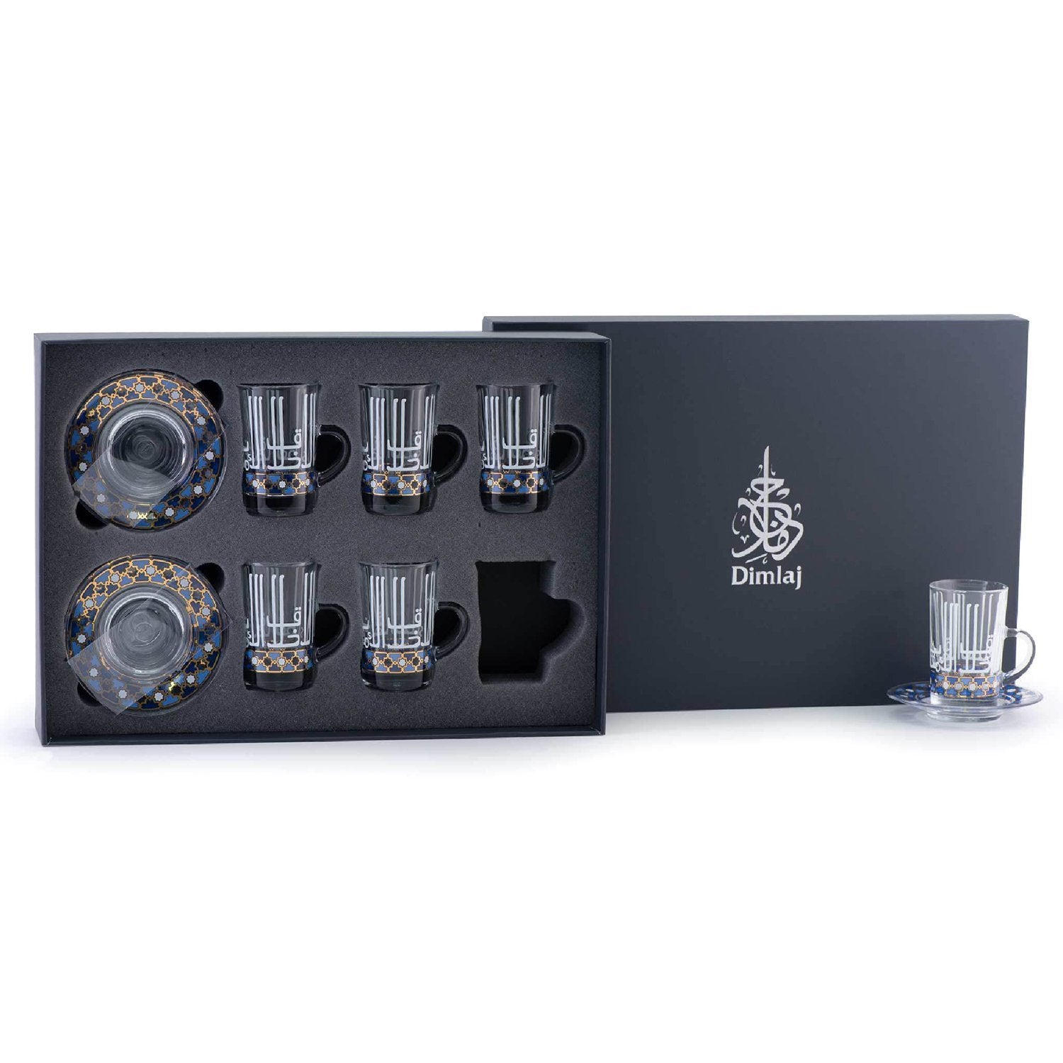 Dimlaj Asala Tea Cup and Saucer Set - Clear, Gold and Blue, 12 Pieces - 46676 - Jashanmal Home