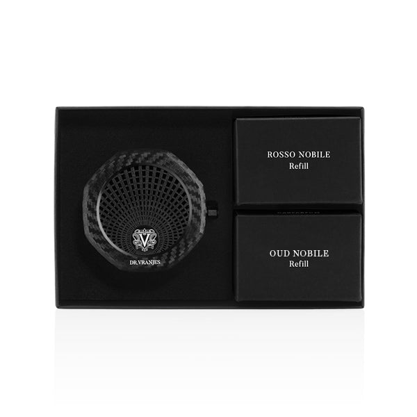 DR. VRANJES -CAR PARFUM GIFTBOX (Carbon fiber dispenser + 2 refills ROSSO NOBILE-OUD NOBILE)