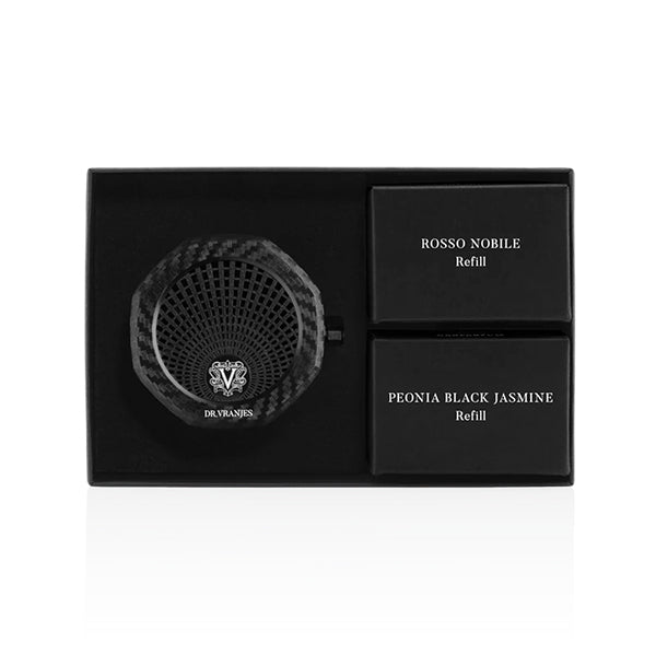DR. VRANJES -CAR PARFUM GIFTBOX (Carbon fiber dispenser + 2 refills ROSSO NOBILE-PEONIA BLACK JASMINE)